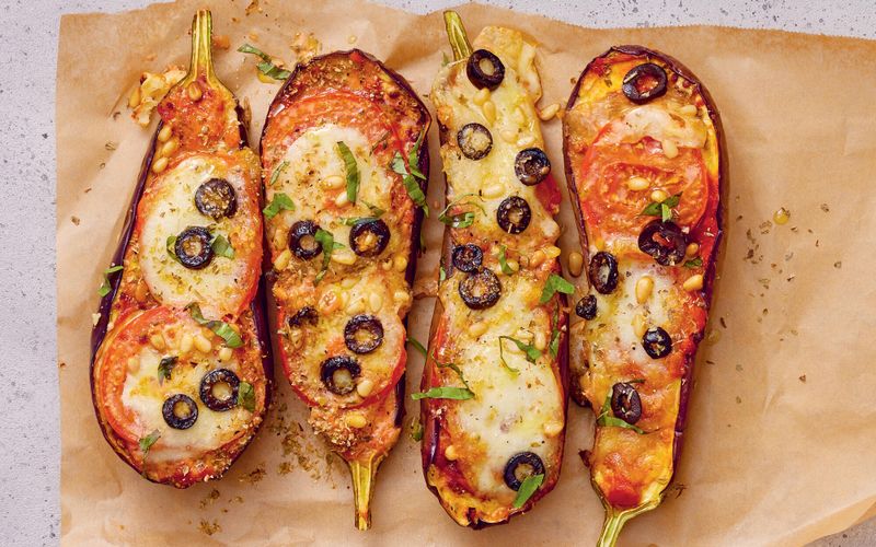 Aubergines gratinées, sauce tomate, mozza et basilic au Airfryer