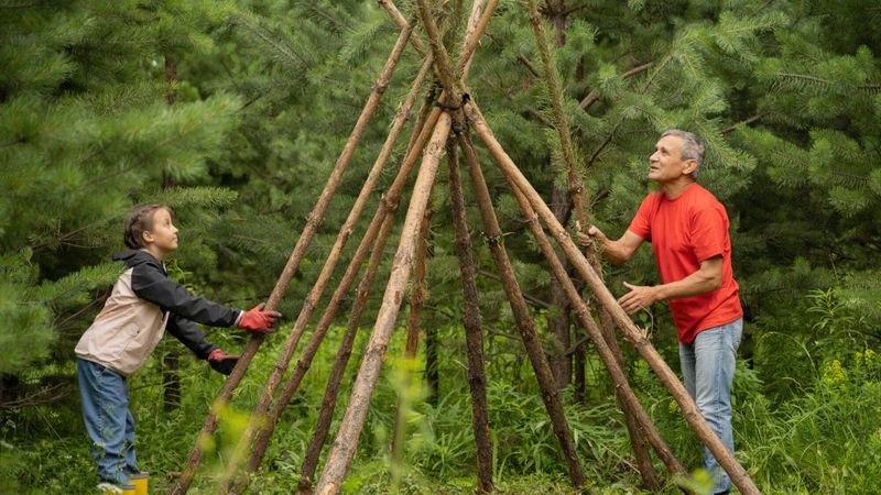 Illustration d'un grand père construisant une cabane avec sa petite fille